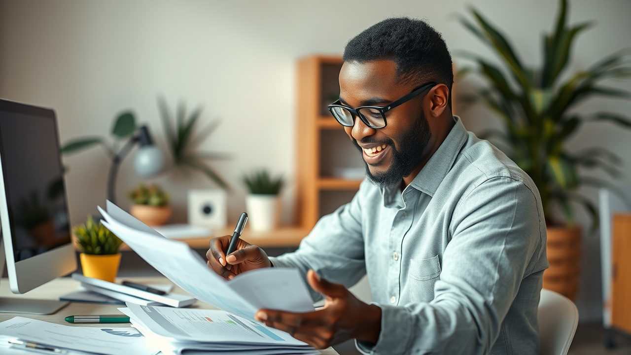 Confident small business owner reviewing money systems small business financial reports in office