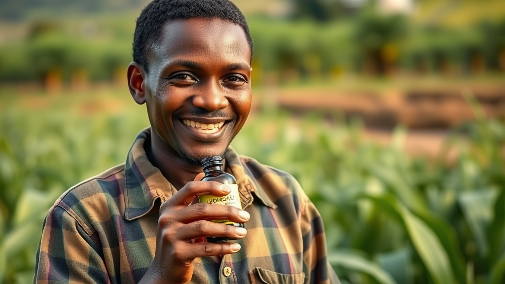 Innovative Ugandan farmer showcasing value addition farming lemongrass essential oil product