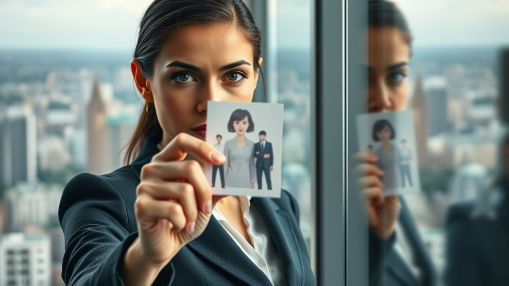 Resilient woman executive removing a sticky note with stereotype from a glass wall—Addressing bias in leadership positions.