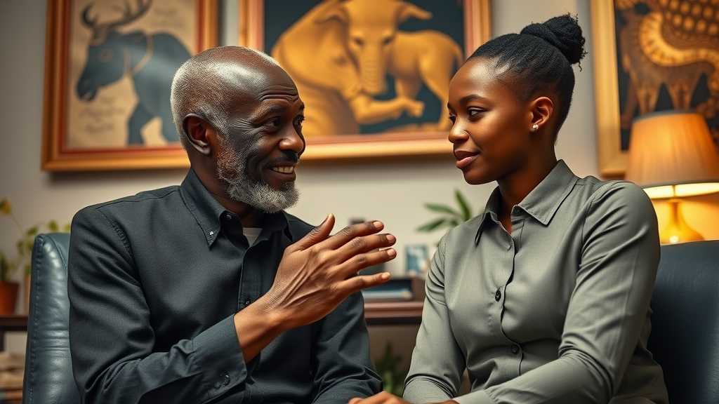Experienced African mentor guiding a younger entrepreneur in a private office, symbolizing the transfer of Ubuntu values and digital entrepreneurship skills