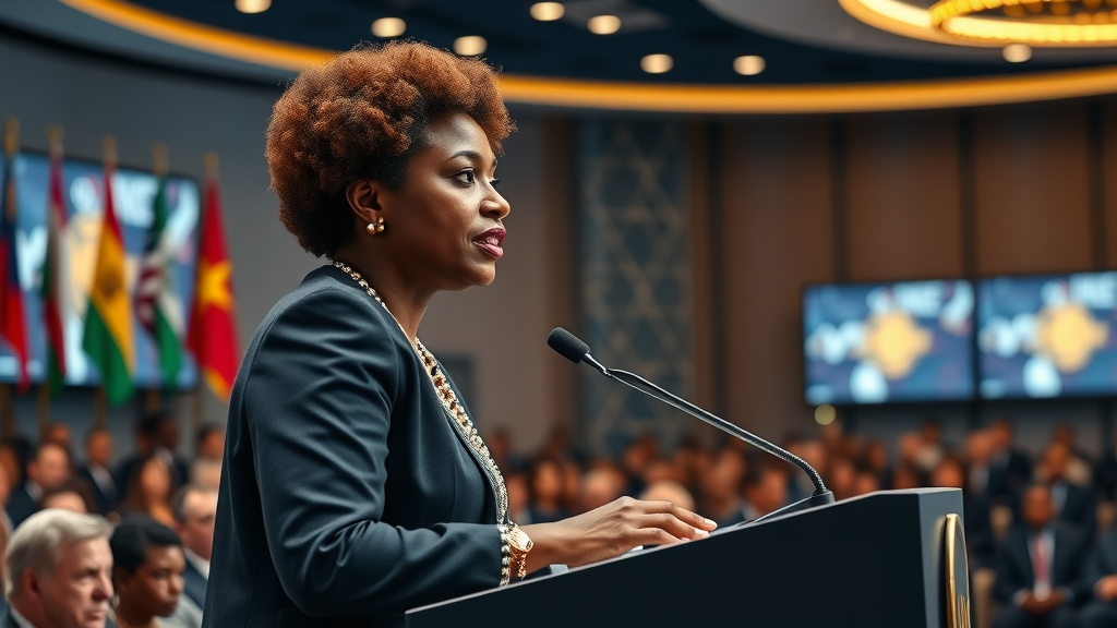 African woman AI policy leader addressing a tech conference on advancing gender equity in artificial intelligence