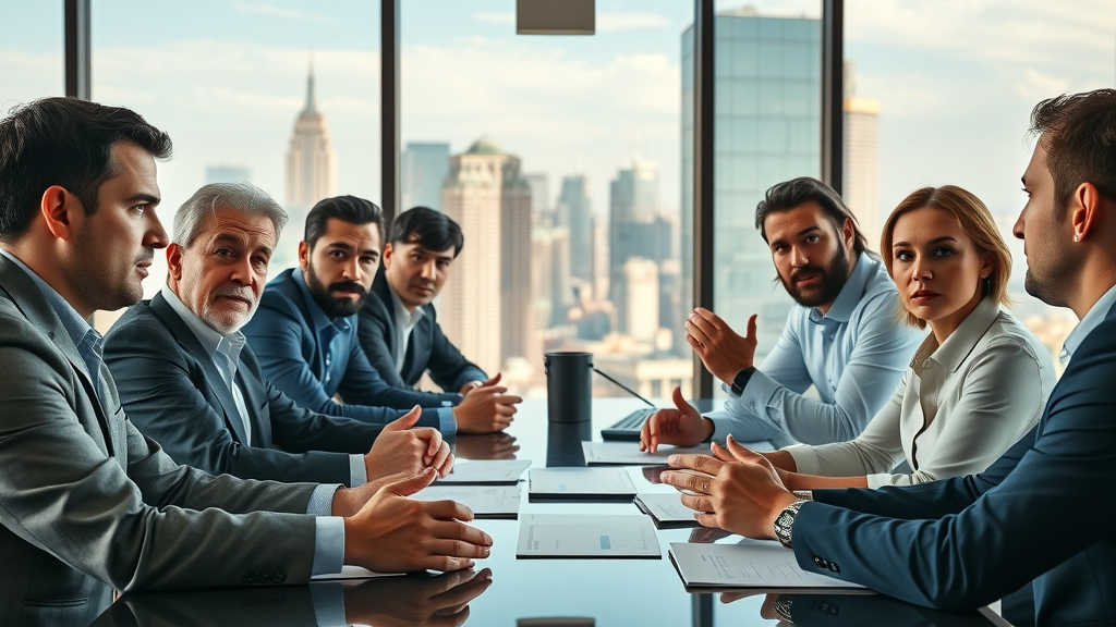 Entrepreneurs collaborating on capital raising strategies in a city skyline boardroom
