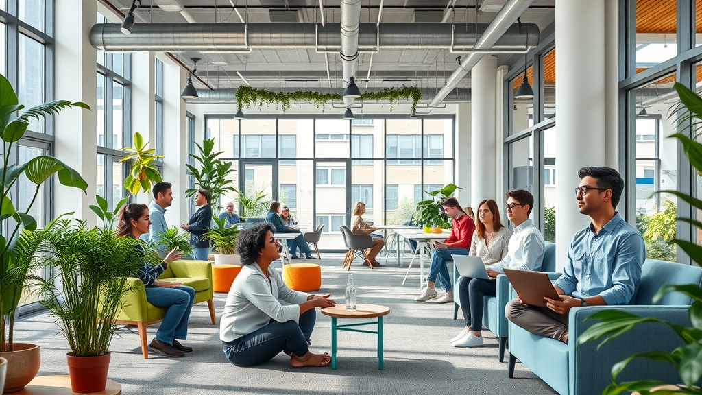 Modern open office where workers practice natural cycles of collaboration and reflection for sustainable productivity
