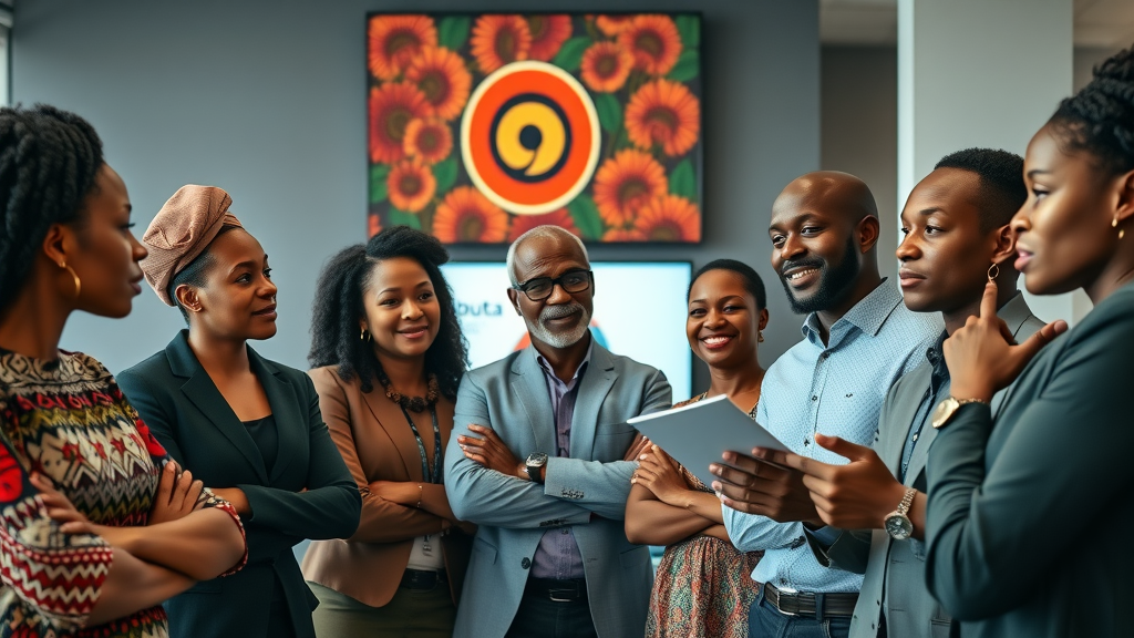 Diverse group of African entrepreneurs discussing Ubuntu principles for digital entrepreneurship, balancing modern business and traditional values