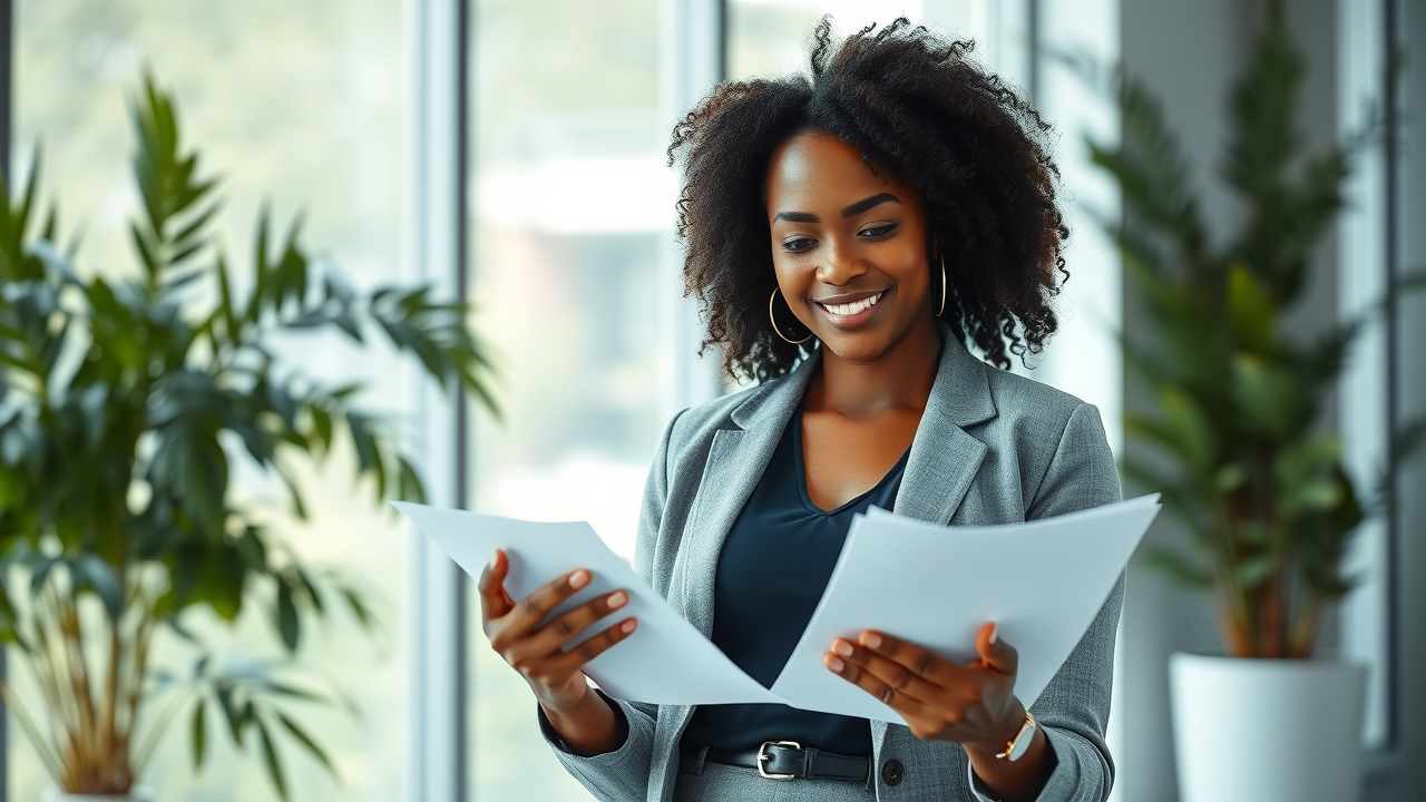Empowered professional woman standing confidently in a modern office demonstrating sustainable success systems for women