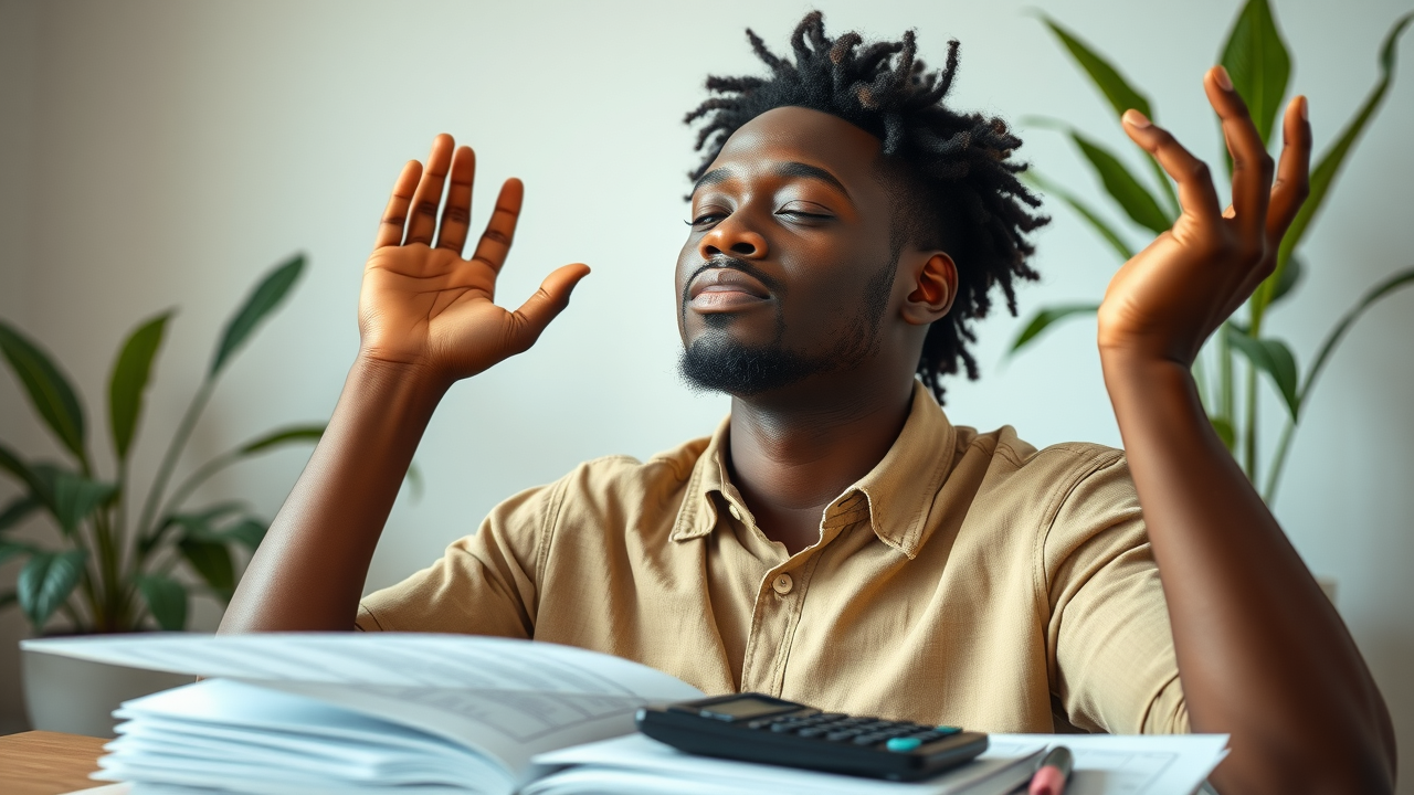 Uplifted individual meditating with financial documents representing successful financial stress management