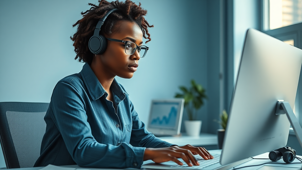 Determined African woman entrepreneur in AI era working at her computer, overcoming obstacles in the tech industry