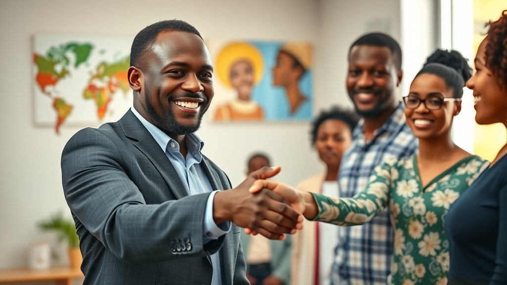 Confident African owner shaking hands with a client in a vibrant office while family observes—modeling consistency and respect
