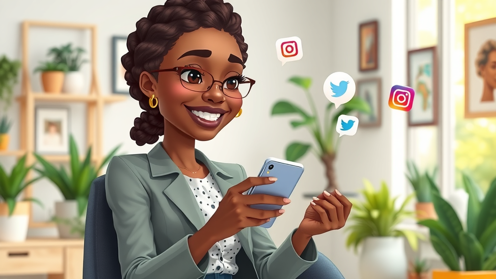 African woman executive actively posting on multiple social media platforms via smartphone in a lively pastel-colored home office with plants.