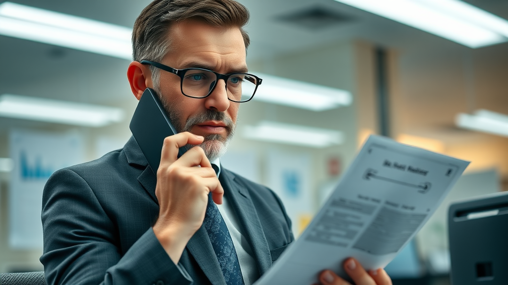 Serious small business owner reviewing bank notifications highlighting credit quality challenges in small business finance trends