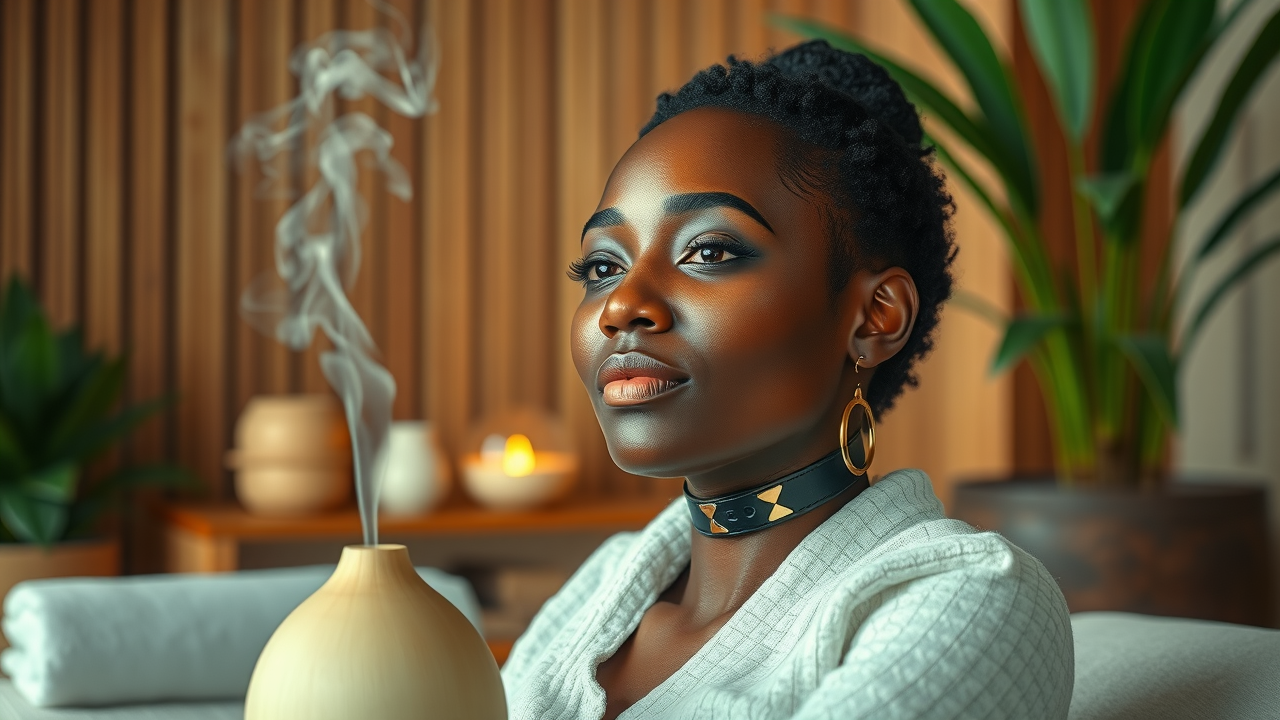 Spa setting diffusing lemongrass essential oil for aromatherapy