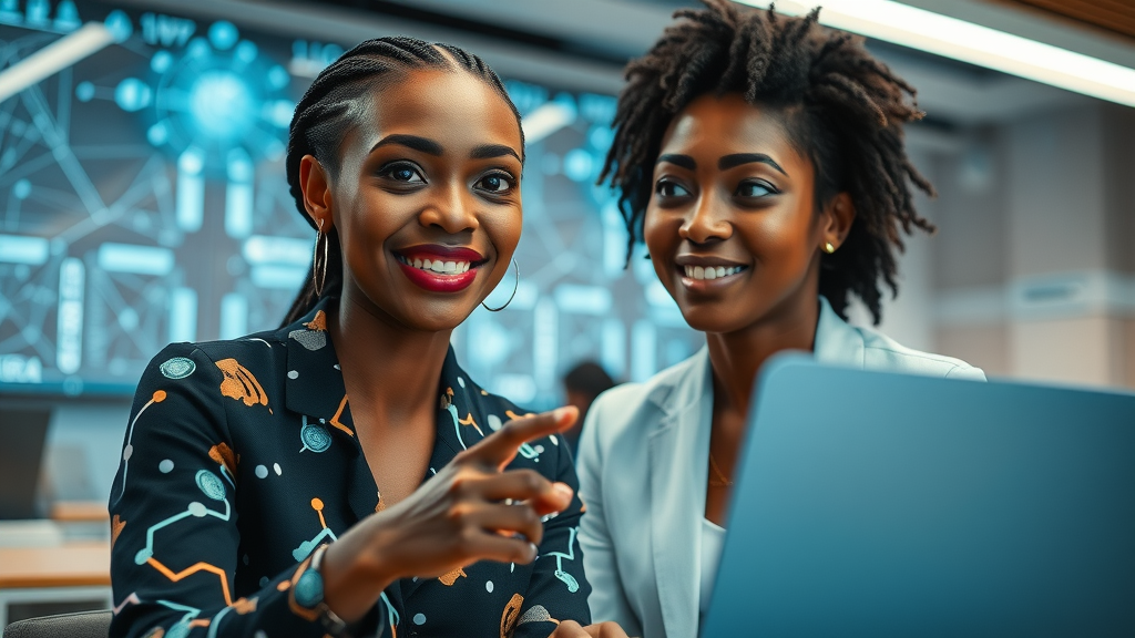 Young African women attending a futuristic AI coding workshop