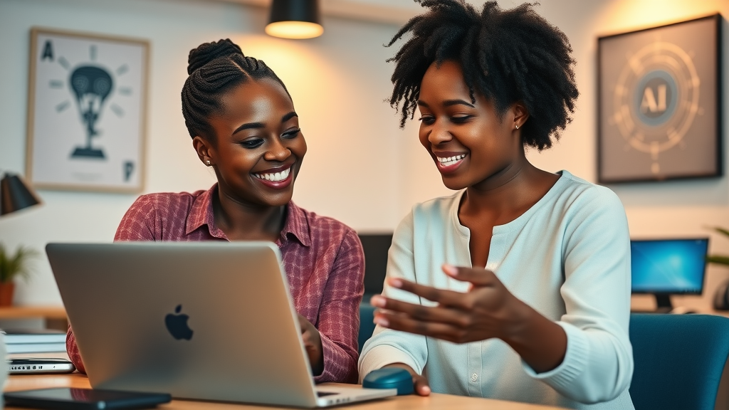 African women in tech mentor and mentee in a startup office discussing AI, digital transformation, and entrepreneurship
