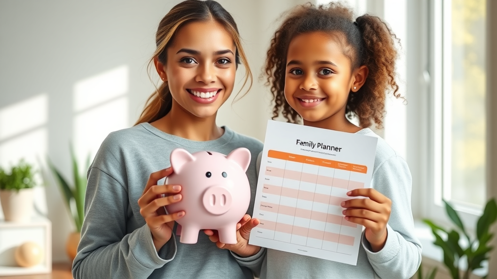Confident mother and child holding piggy bank representing financial independence