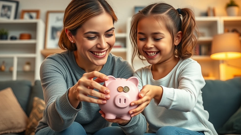 Financial freedom for women and children - mother teaching daughter about saving in piggy bank