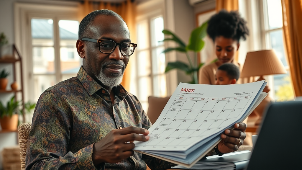African business leader setting time boundaries on a calendar with family present in a traditional-modern home office