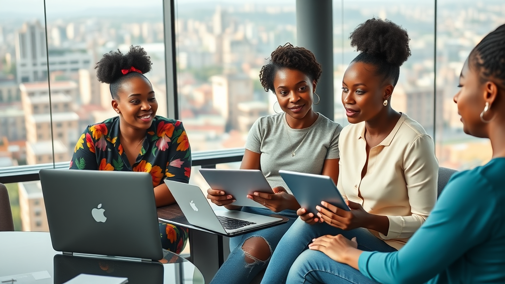 African women entrepreneurs AI era collaborating with digital devices in a modern coworking space, vibrant energy