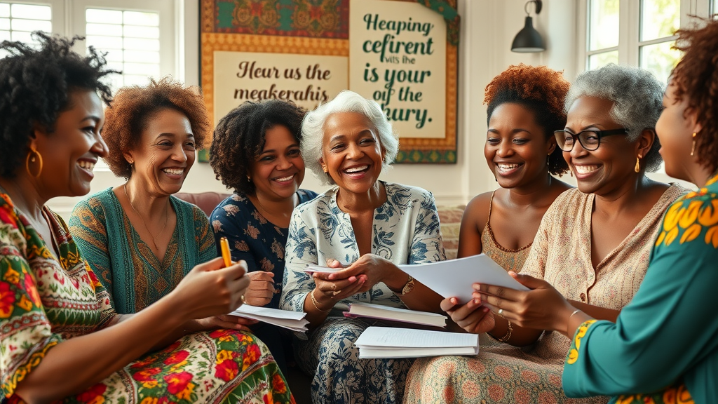 group of africana women sharing in journaling and affirmation rituals rooted in diaspora culture