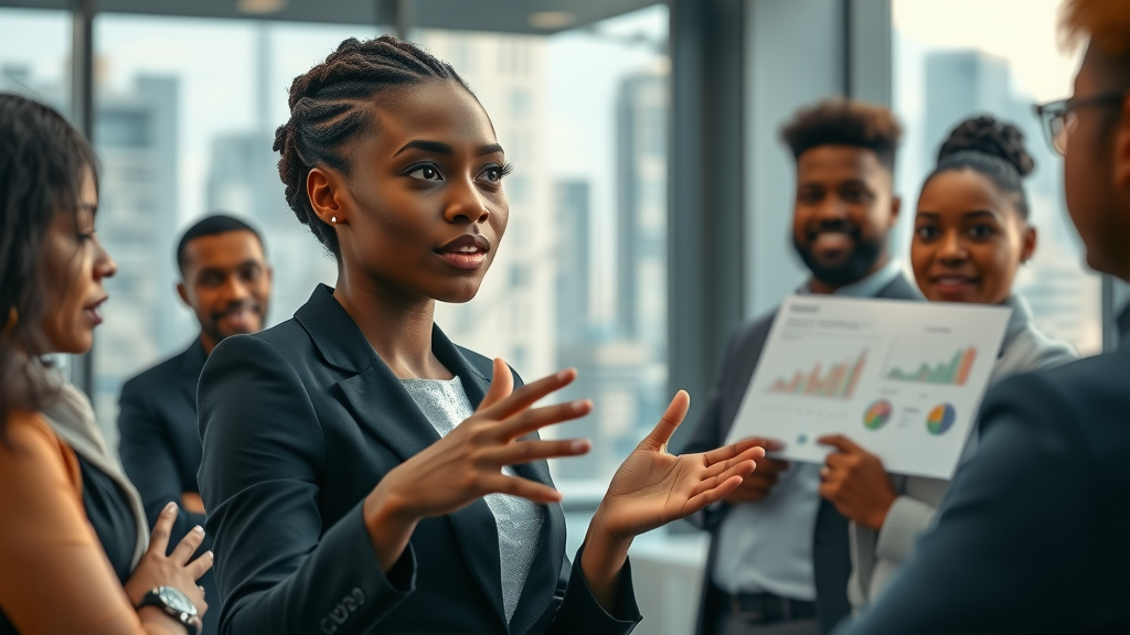 women in leadership roles africa - African businesswoman leading presentation in modern corporate office