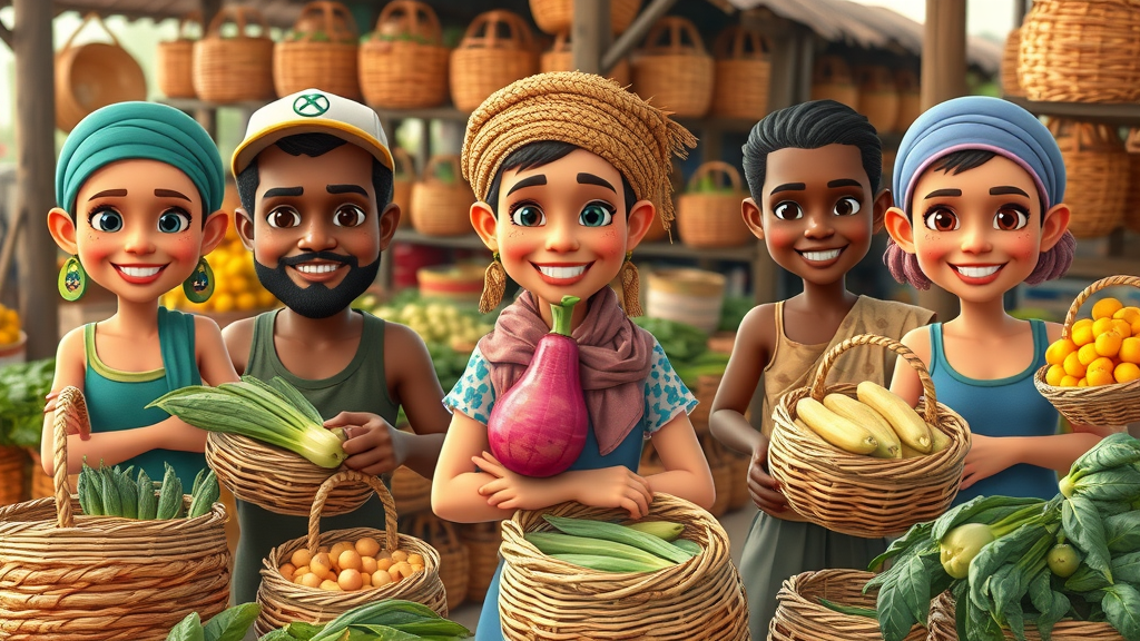 Diverse smallholder farmers proudly displaying processed farm products at vibrant village market