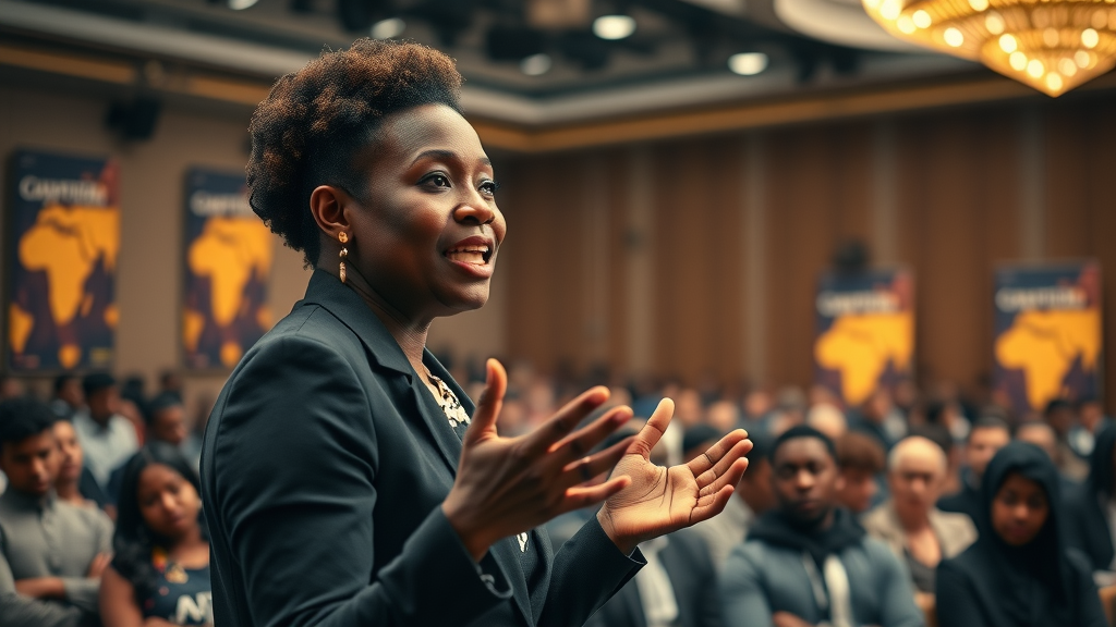 visionary African woman CEO inspiring entrepreneurs with business success strategies, empowering women business owners