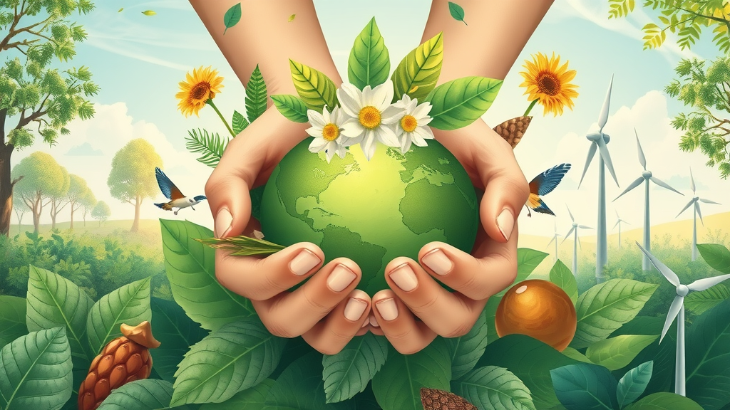 Hands holding green earth surrounded by natural wellness products symbolizing sustainability