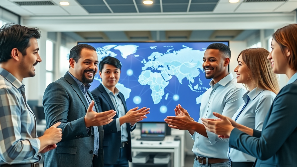 dynamic global business network map, digital professionals discussing digital branding strategies in the digital age, modern office, global maps on digital screens, team interaction