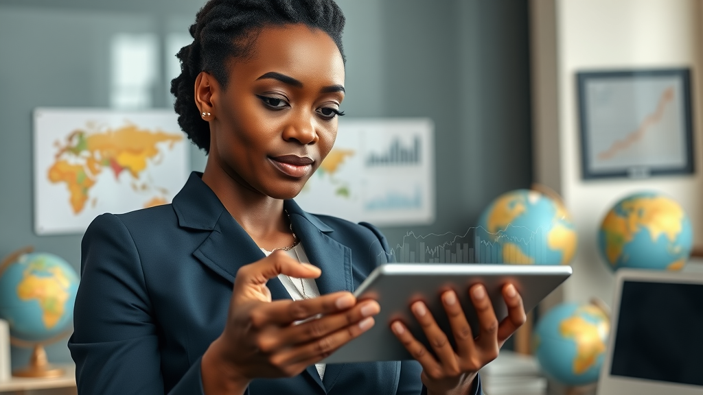 Ambitious African businesswoman displaying digital financial infographics on a tablet, in a modern office with globes and animated financial charts.