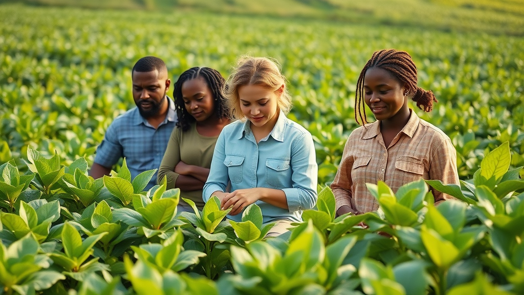 Optimistic team inspecting sustainable crops employing eco-friendly agricultural practices