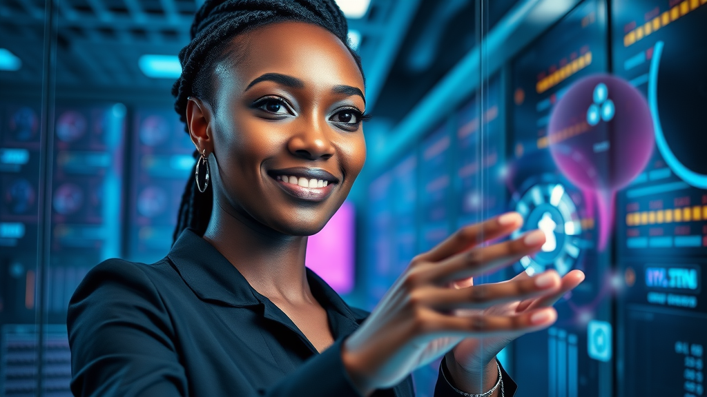 Forward-looking African woman tech executive interacting with holographic blockchain and AI interfaces in a digital lab.