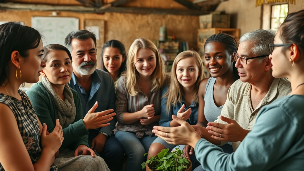 Community members engaging with a sustainable farming expert in a discussion about sustainable farming practices