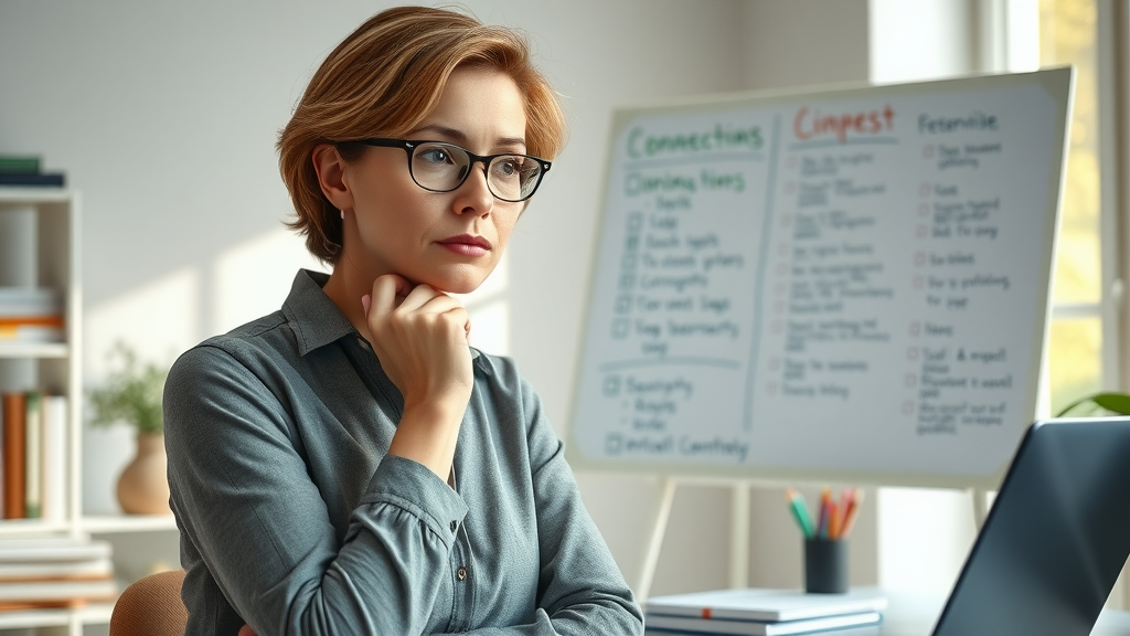 Contemplative woman reviewing her checklist for building a personal board of directors for women
