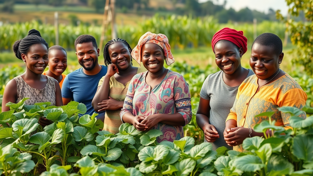 Group of Ugandan farmers learning sustainable farming practices with cheerful expressions