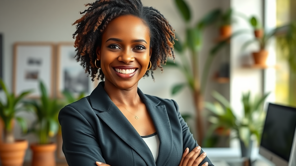 inspirational African businesswoman, confident smile, standing in a modern workspace, photorealistic representation of entrepreneurship tips for African women