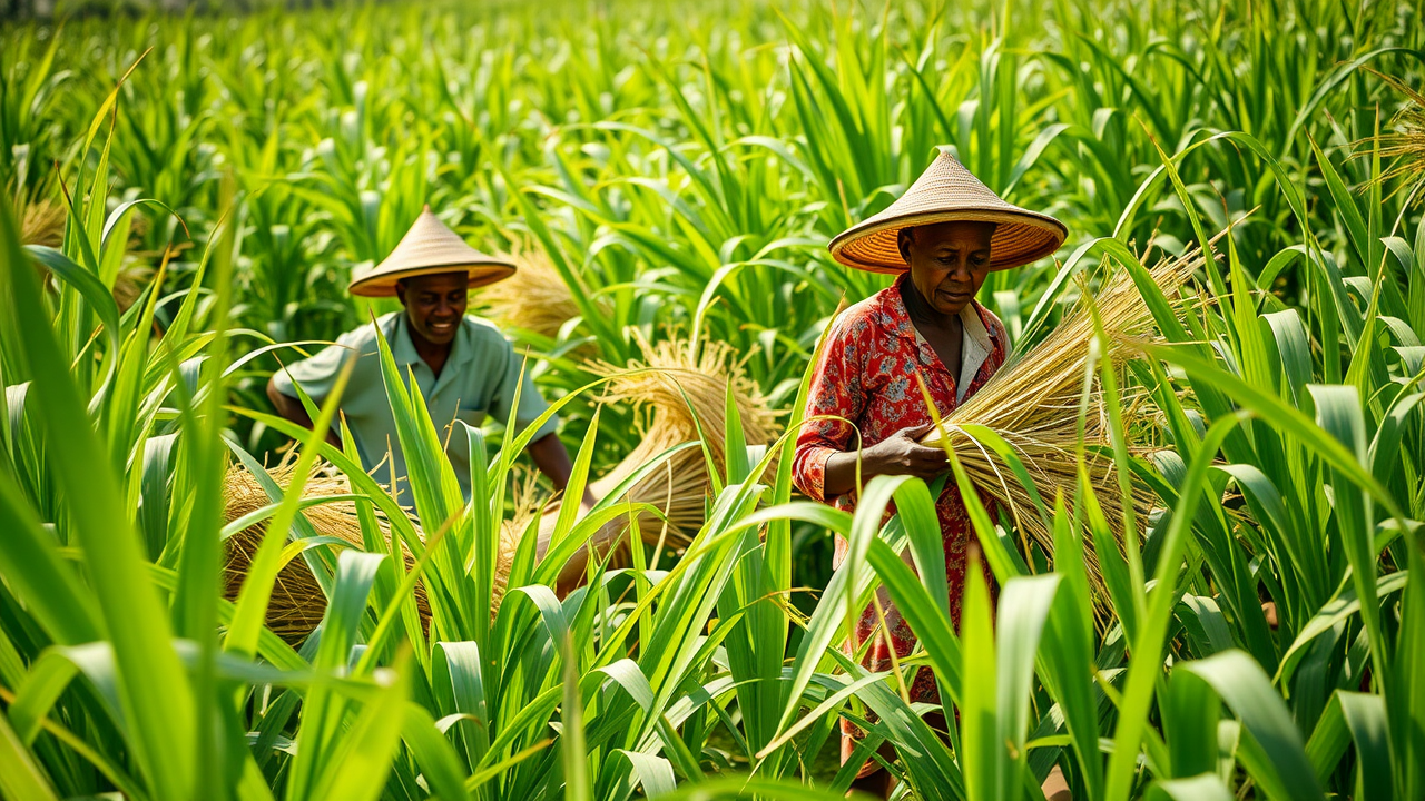 Farmers harvesting lemongrass in fields for steam distillation process