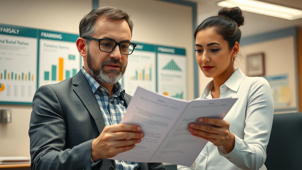 Confident small business owner reviewing loan documents with financial advisor in a bank office, illustrating mindful use of loans and credit