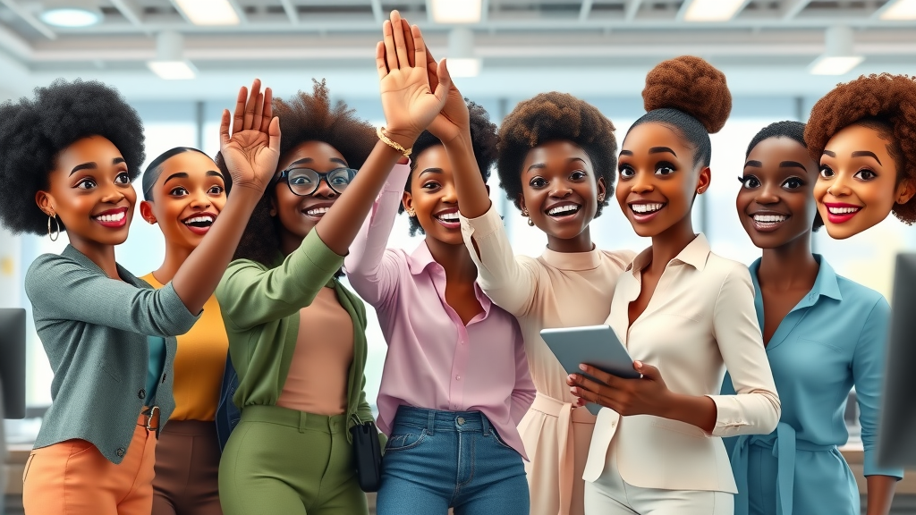 Group of African female tech entrepreneurs celebrating, digital transformation in African women-led businesses