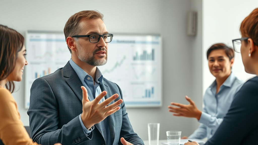 Financial advisor explaining capital raising strategies to diverse business team