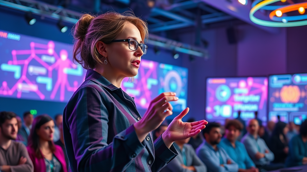 Trailblazing woman in STEM presenting digital innovation, women lead, future of tech, inclusive conference