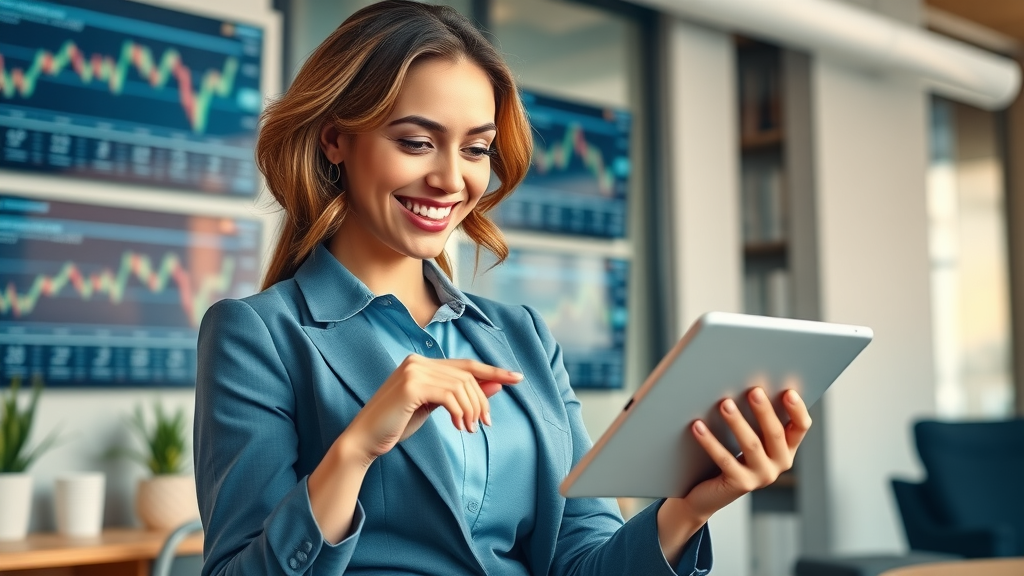 Confident woman entrepreneur using a digital tablet to develop her exclusive women in business money mindset