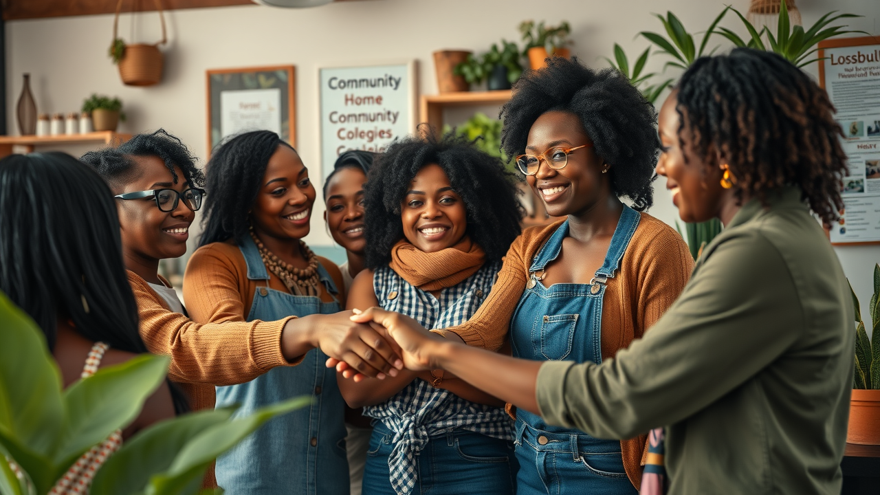 Diverse group of small business owners collaborating and shaking hands in a cozy local business setting, highlighting the power of shared equity