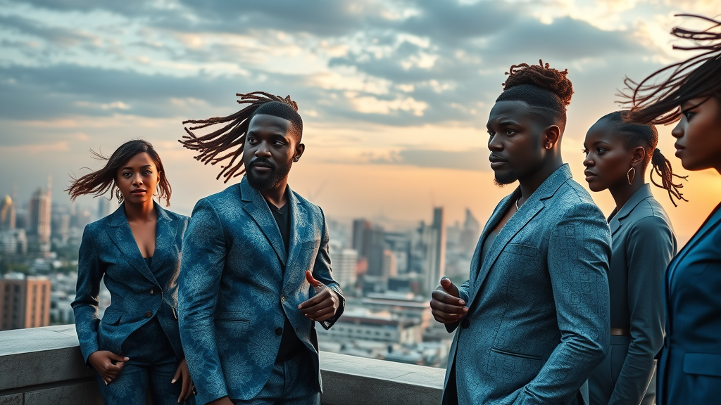 Dynamic next-generation African entrepreneurs planning for Ubuntu-driven digital future overlooking a smart city, symbolizing the future of balancing digital entrepreneurship with the African value of human connection