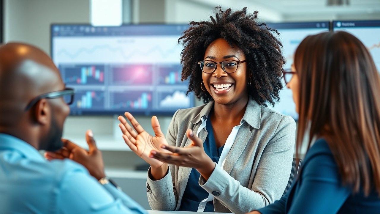 Energetic financial coach encouraging trust in business capital with entrepreneurs