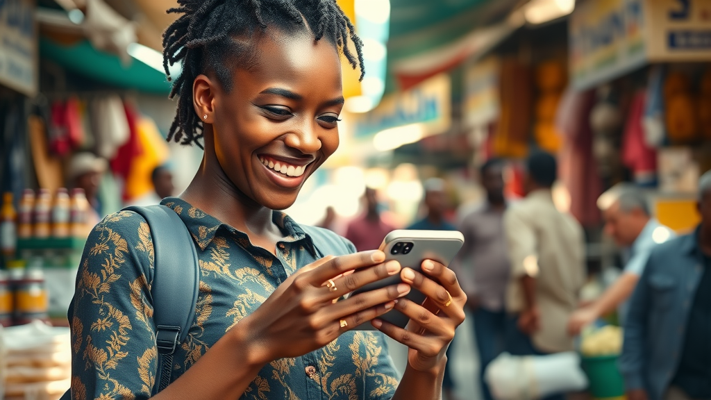 African woman entrepreneur using mobile phone for business, technology adoption in African women-led businesses