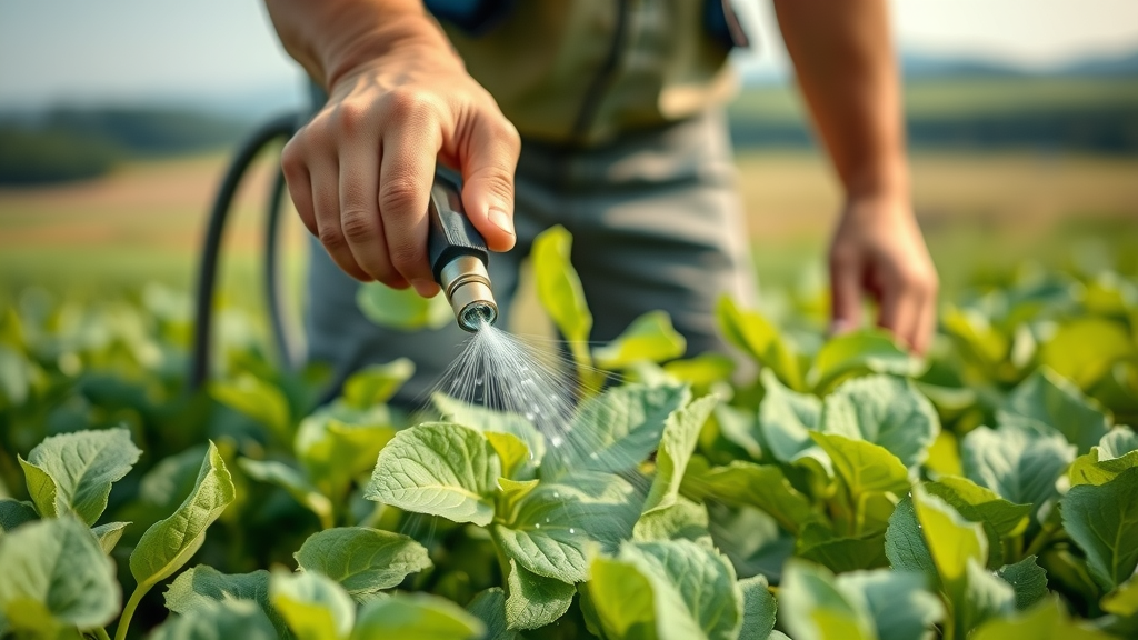 Farmer applying organic pest control spray linked to agribusiness essential oils sustainability