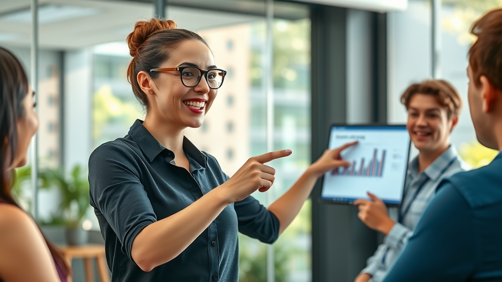 Innovative female entrepreneur presenting results to team—showcasing business growth strategies in action.