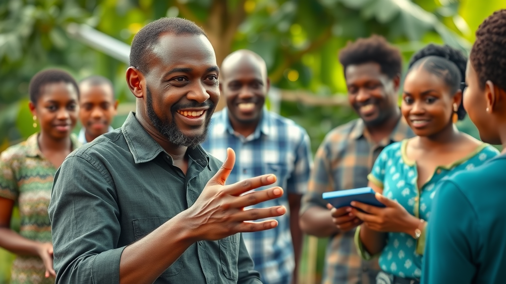 African entrepreneur assertively declining an invitation with supportive family in a lush outdoor communal environment