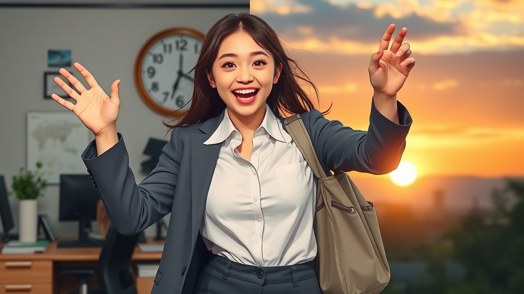 Cheerful woman transitioning from work to recreation, showcasing the 888 rule for work-life balance for women