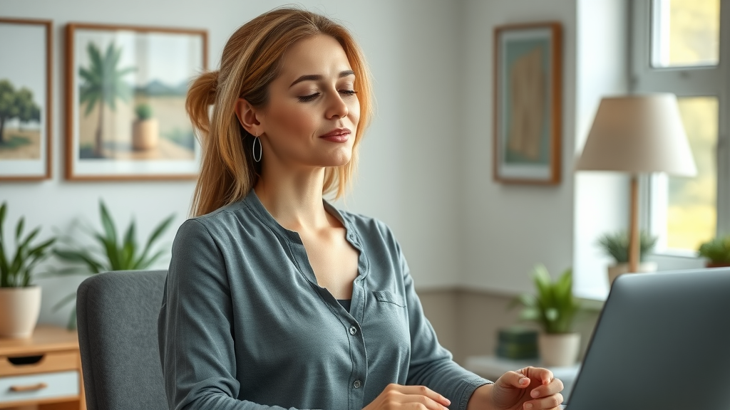 professional woman practicing breathwork for nervous system health at her desk