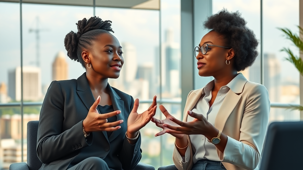 Inspirational African female venture capitalists, confident and visionary, engaging in a dynamic discussion, modern co-working space overlooking African city skyline, female-led vc funds africa